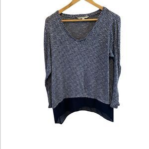 CLEO Petites Blue Salt&Pepper Knit V Neck Long Sleeve Chiffon Bottom Sweater L